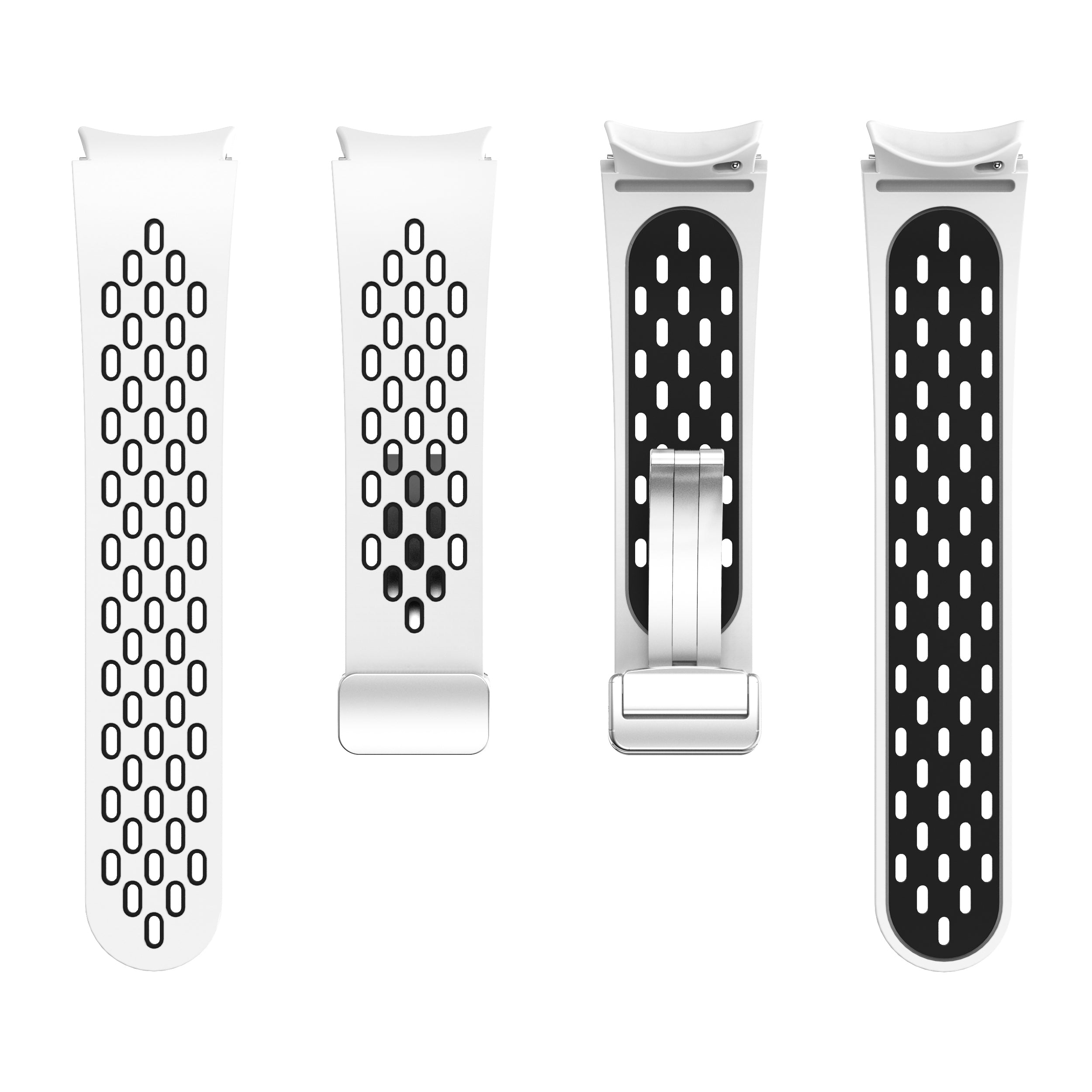 For Samsung Galaxy Watch6 40mm / Watch6 44mm / Watch6 Classic 43mm Watch Strap with Silver Buckle - White+Black For Samsung Galaxy Watch6 40mm / Watch6 44mm / Watch6 Classic 43mm Watch Strap with Silver Buckle - White+Black